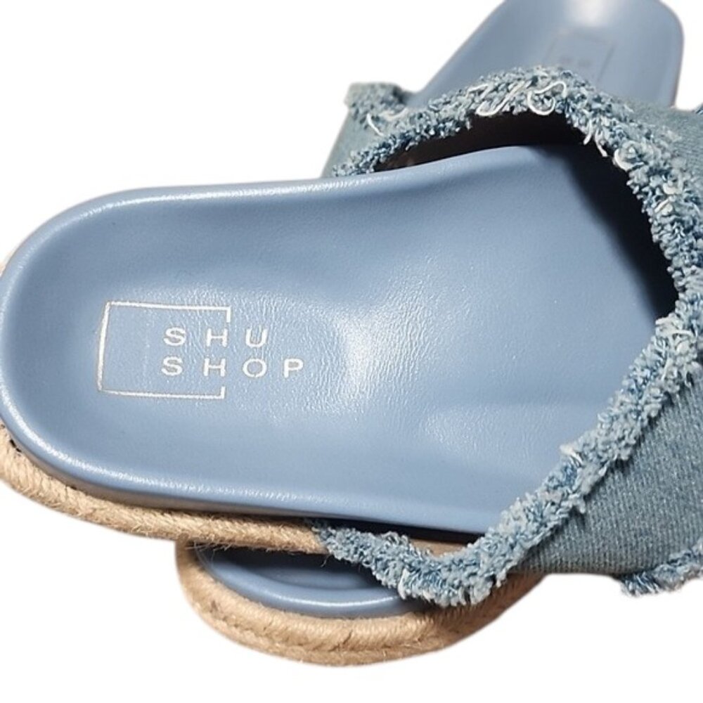SHU SHOP Denim Blue Espadrille Slide Sandals 9 Frayed Criss Cross Straps Boho - Picture 11 of 14